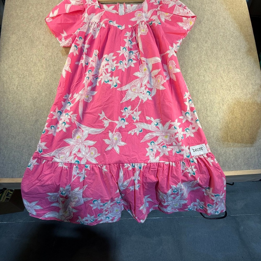 Royal Creations Hawaii Pink Floral Orchid Muumuu Dress XL Flutter Sleeve Ruffle
